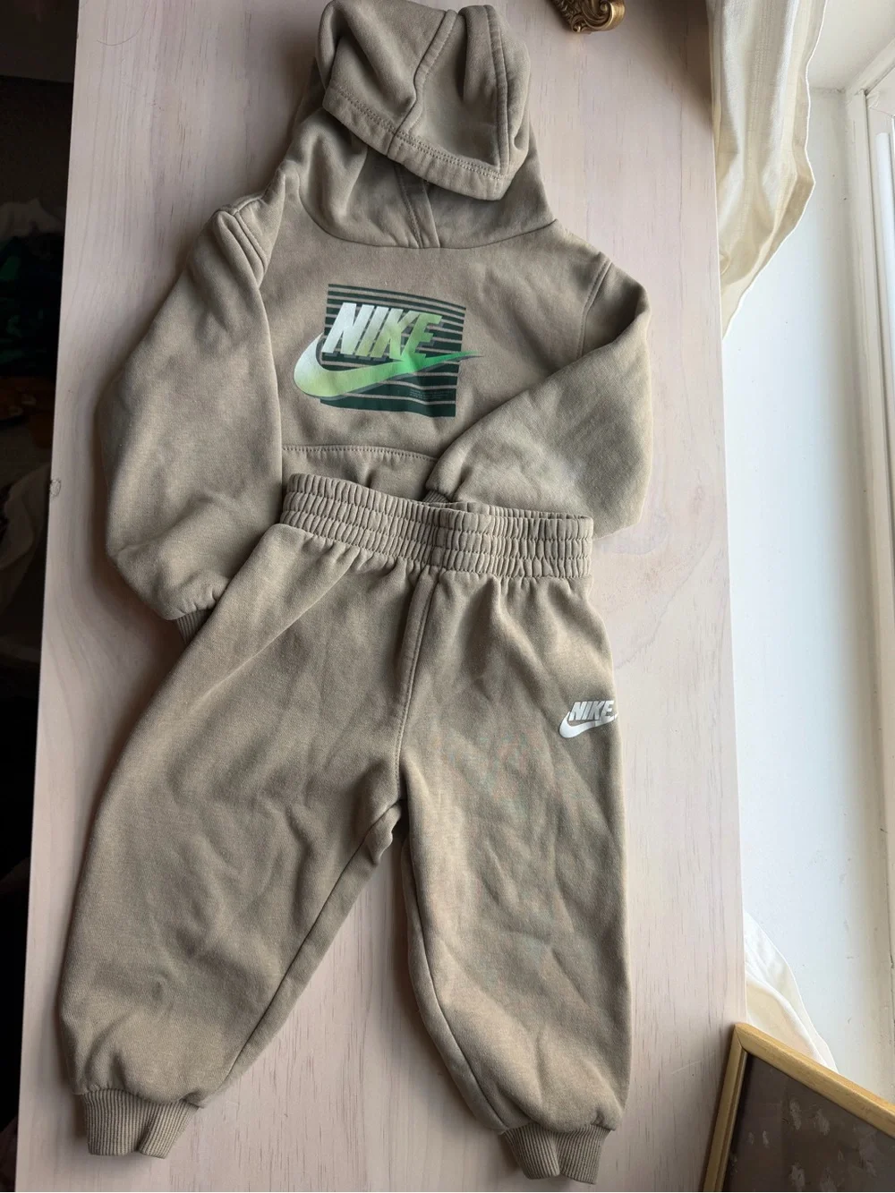 Nike Beige Hoodie and Joggers with Green Logo Accent